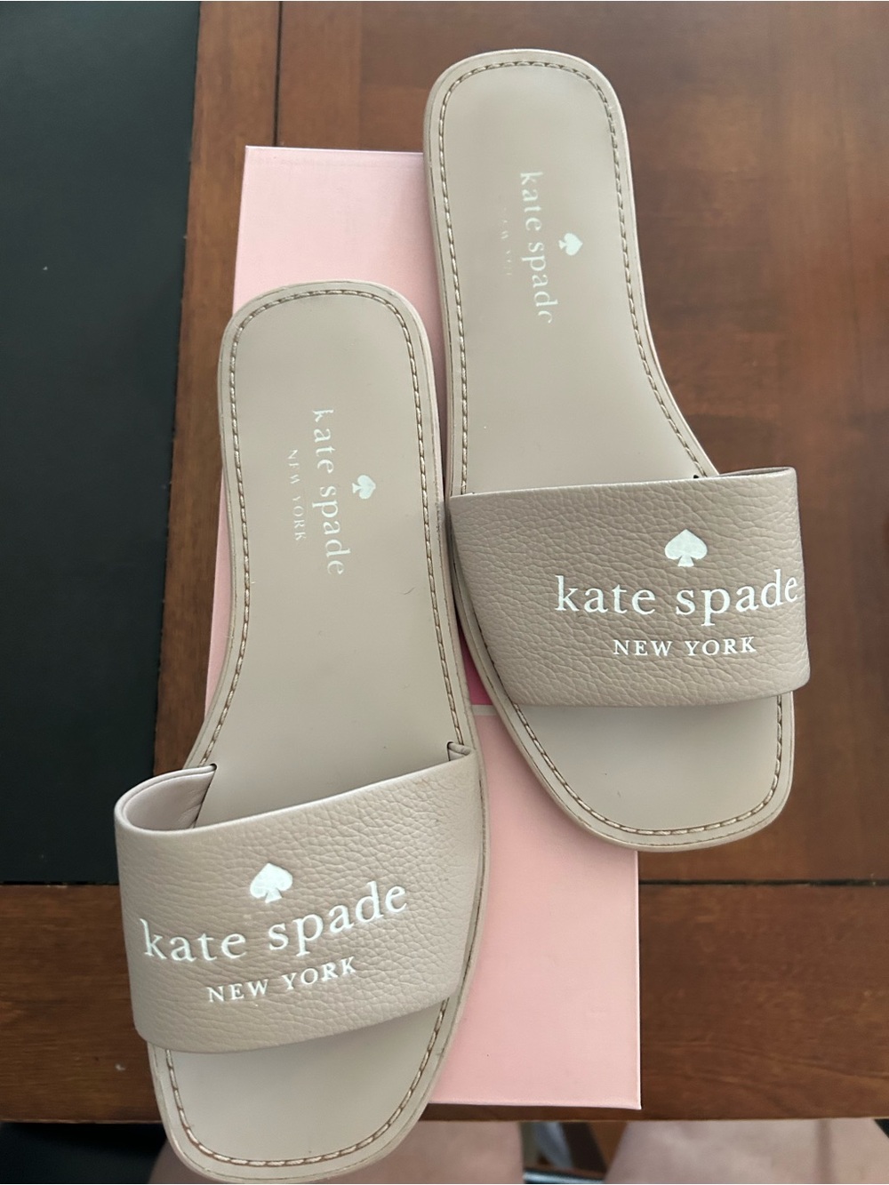 kate spade Taupe Beige Logo Slide Sandals
